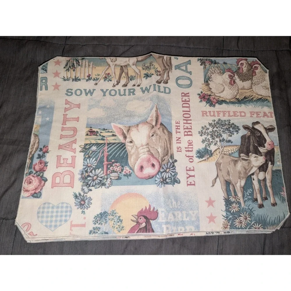 Country Farmhouse Placemats Cotton Depicting Animals w/Checkered Back Reversible